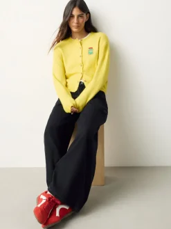 Next Yellow Pickles Embroidery Crew Neck Knitted Cardigan With Wool Discount