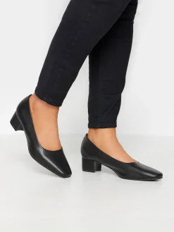 Yours Curve Black Extra Wide Fit Faux Leather Block Heel Court Shoes In Extra Wide EEE Fit Hot