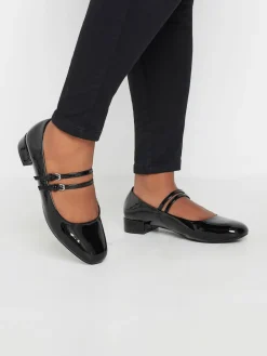 Yours Curve Black Extra Wide Fit Extra-Wide Mary Jane Fit Low Block Patent Shoes