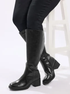 Yours Curve Extra-Wide Fit Square Toe Knee Block Boots Black Sale