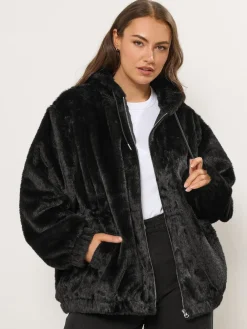 Yours Curve Faux Fur Zip Thru Hooded Fleece Black Best