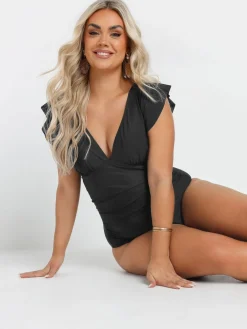 Yours Curve Black Frill Sleeve Swimsuit Hot