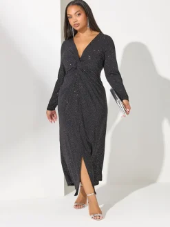 Yours Curve Black London Glitter Long Sleeve Knot Maxi Dress Hot