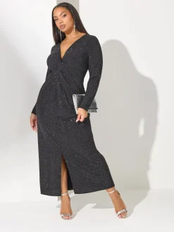 Yours Curve Black London Glitter Long Sleeve Knot Maxi Dress Hot
