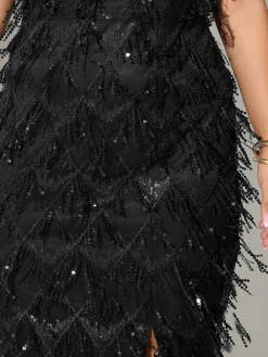 Yours Curve Black London Sequin Tassle Choker Dress Clearance