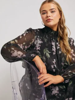 Yours Curve Black London Floral Shirred Waist Collar Dress Discount