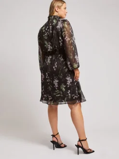 Yours Curve Black London Floral Shirred Waist Collar Dress Discount