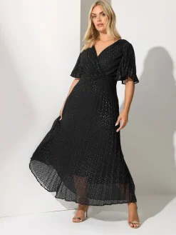 Yours Curve London Metallic Pleated Wrap Dress Black New