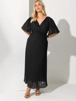 Yours Curve London Metallic Pleated Wrap Dress Black New