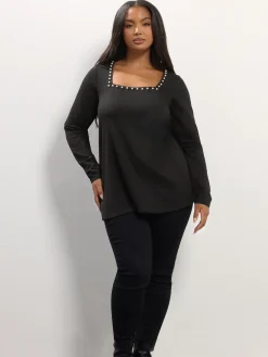 Yours Curve Black Long Sleeve Square Neck Swing Top Hot