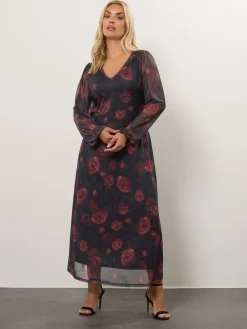 Yours Curve Mesh Balloon Sleeve Dress Black Outlet