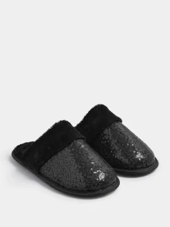 Yours Curve Black Sequin Slippers New