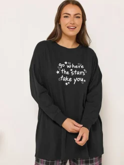 Yours Curve Black Stars Take You Long Sleeve Pyjamas and Tops Set Best