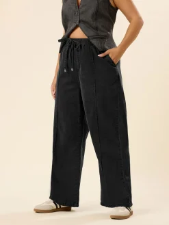 Yours Curve Wide Fit Wide Leg Seam Front Jeans Black Hot