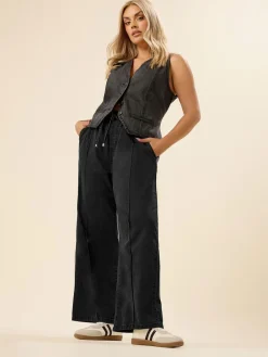 Yours Curve Wide Fit Wide Leg Seam Front Jeans Black Hot