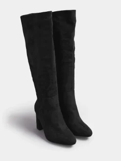 Yours Curve Black Wide Fit Wide Fit Heeled Micro Knee High Boots Clearance