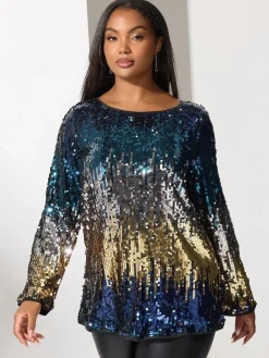 Yours Curve London Multi Bow Back Sequin Ombre Top Blue Sale