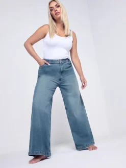 Yours Curve Blue Wide Leg Pull On Puddle Jeans Sale