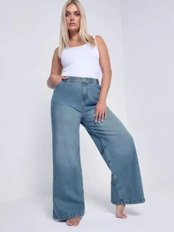 Yours Curve Blue Wide Leg Pull On Puddle Jeans Sale