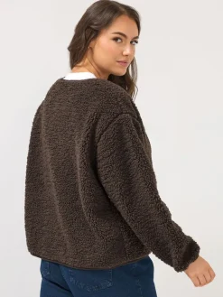Yours Curve Collarless Popper Fleece Brown Clearance