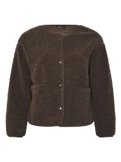 Yours Curve Collarless Popper Fleece Brown Clearance