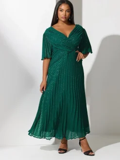 Yours Curve London Metallic Pleated Wrap Dress Green Hot