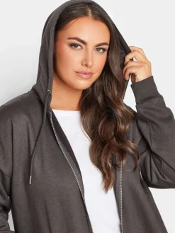 Yours Curve Grey Longline Zip Through Hoodie Clearance