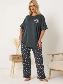 Yours Curve Grey Short Sleeve Wide Leg Pyjamas Set New