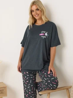 Yours Curve Grey Short Sleeve Wide Leg Pyjamas Set New