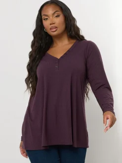 Yours Curve Henley Ribbed Swing Blouse Purple New