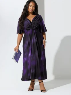Yours Curve Purple London Knot Front Angel Sleeve Dress Clearance