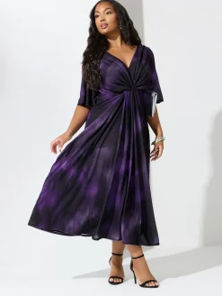Yours Curve Purple London Knot Front Angel Sleeve Dress Clearance