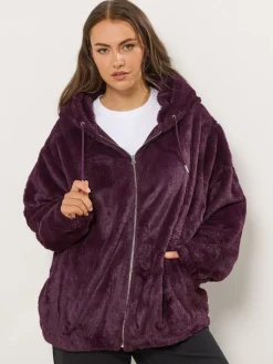 Yours Curve Faux Fur Zip Thru Hooded Fleece Red New