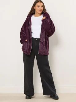 Yours Curve Faux Fur Zip Thru Hooded Fleece Red New