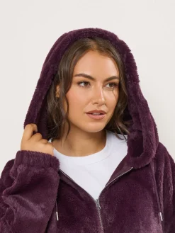 Yours Curve Faux Fur Zip Thru Hooded Fleece Red New