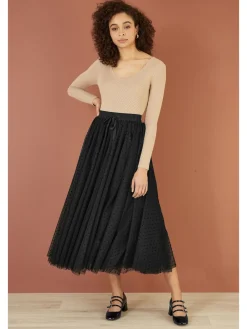 Yumi Mesh Heart Print Tulle Skirt Black