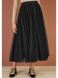 Yumi Mesh Heart Print Tulle Skirt Black