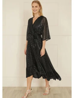 Yumi Black Sequin Kimono Midi Wrap Dress Clearance
