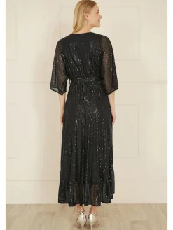 Yumi Black Sequin Kimono Midi Wrap Dress Clearance