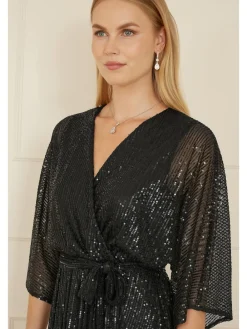 Yumi Black Sequin Kimono Midi Wrap Dress Clearance