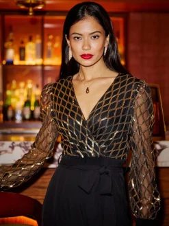 Yumi Black Sequin Wrap Over Jumpsuit Sale