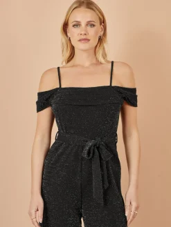 Yumi Black Sparkle Stretch Bardot Jumpsuit Best