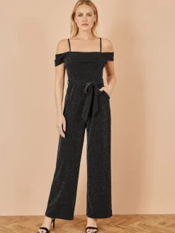 Yumi Black Sparkle Stretch Bardot Jumpsuit Best