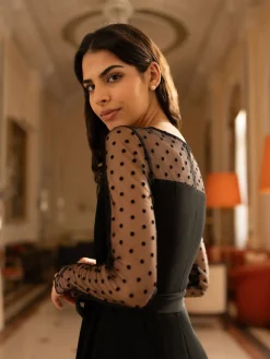 Yumi Black Spot Mesh Stretch Jumpsuit Hot