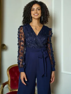 Yumi Blue Flower Appliqué Jumpsuit