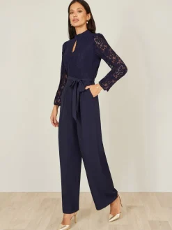 Yumi Blue Lace Appliqué Jumpsuit Discount