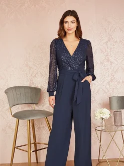 Yumi Blue Sequin Jumpsuit With Long Sleeves Hot