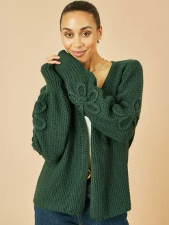 Yumi Edge to Edge Cardigan With Flower Detail Sleeves Green Clearance
