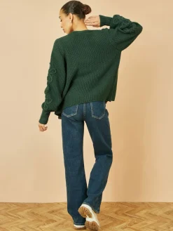 Yumi Edge to Edge Cardigan With Flower Detail Sleeves Green Clearance