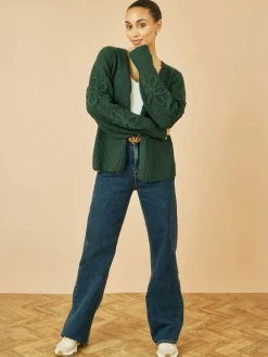 Yumi Edge to Edge Cardigan With Flower Detail Sleeves Green Clearance